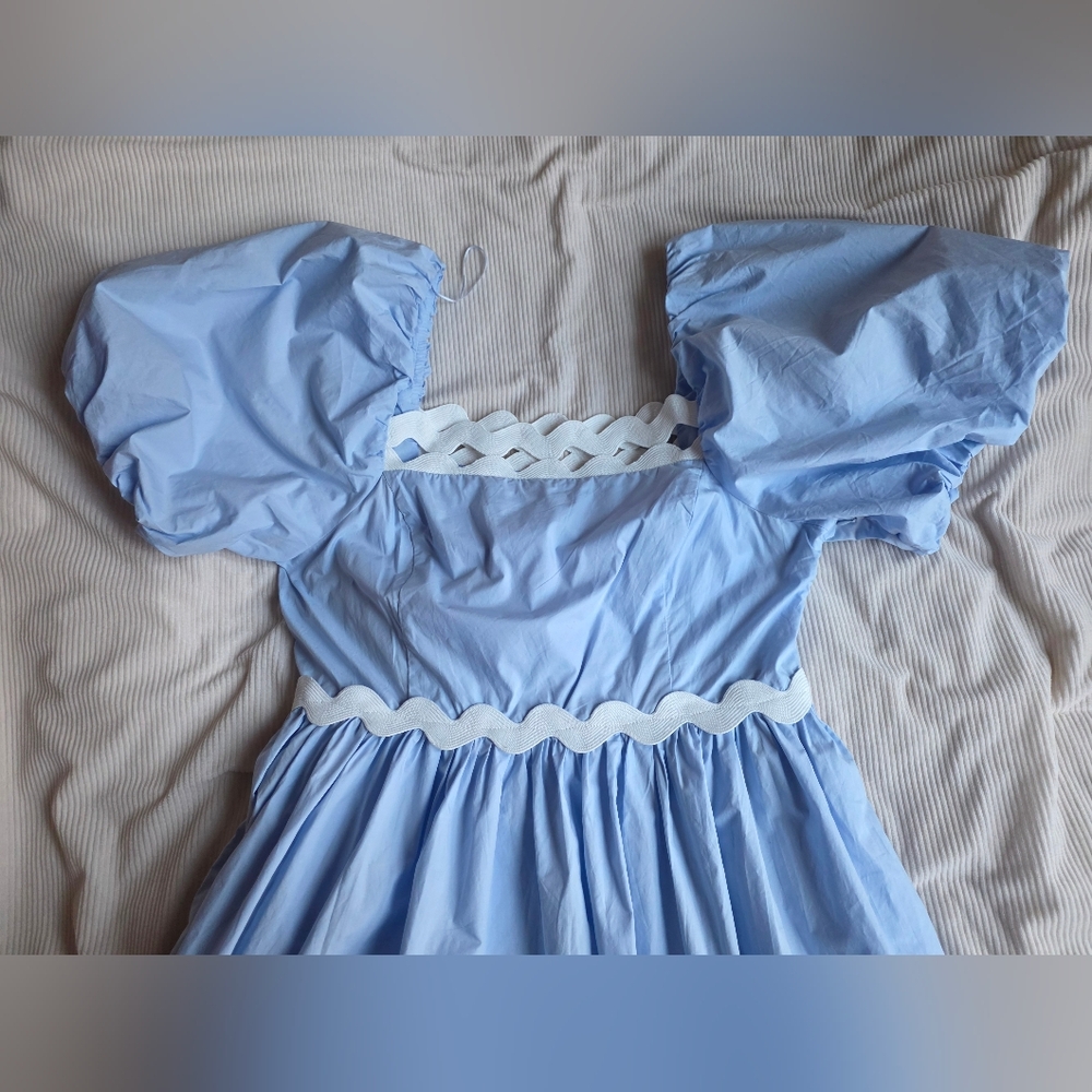 English Factory Scallop-Trim Cotton Midi Dress Sz L Blue Ecru Trim Nwt - Picture 14 of 16